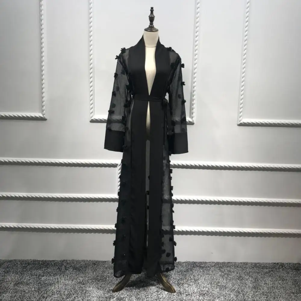 black Элегантный мусульманский цветочный абайя платье цветы свободный кардиган длинный халат кимоно джаба рамадан арабский тауб мусульманская молитва одежда - Цвет: black