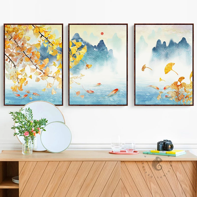 Триптих новые китайские четырехсезонные пейзажные картины на холсте постеры и