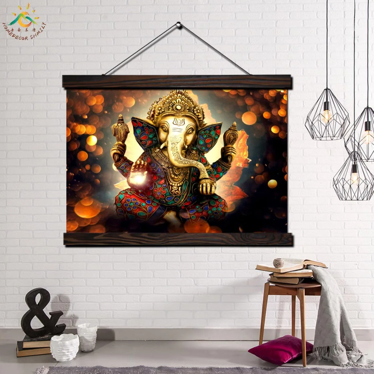 

Ganesh Lord God Modern Wall Art Print Pop Art Picture And Poster Solid Wood Hanging Scroll Canvas Painting for Home Decor