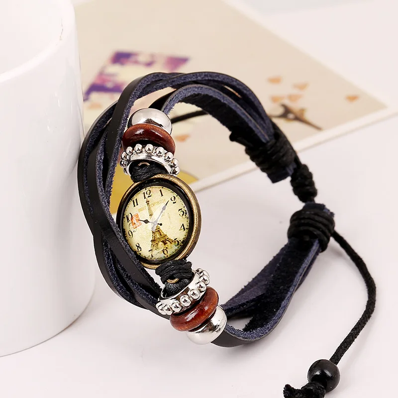 Vintage Female Bracelets Wooden Beads Wrap Handmade Effel Towl Watch Face Charm Wristband Women's Leather Jewelry 3PCs - купить по