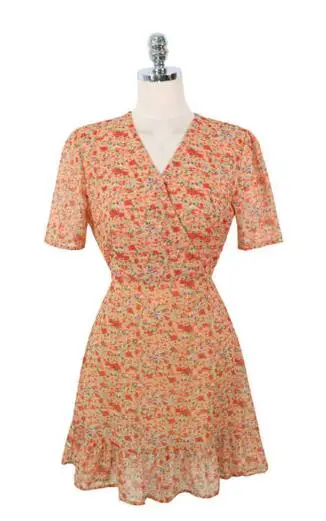 cute dress Шифоновые Платья с цветочным рисунком для женщин, Япония, летнее милое платье с короткими рукавами в консервативном стиле для девочек, с v-образным вырезом, ТРАПЕЦИЕВИДНОЕ мини-платье с оборками, 6513 - Цвет: cute dress