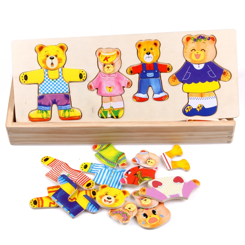 little bear change clothes Children's early Wooden jigsaw Puzzle Dressing game Baby toys free shipping ZC024- |