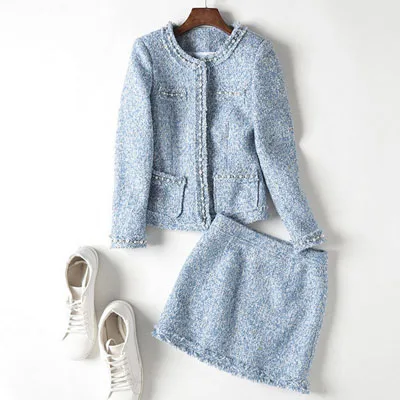 light blue Комплект из 2 предметов, полосатый костюм, комплект с юбкой твидовые комплекты Для женщин с О-образным вырезом Бисер жемчуг шерсть Короткое пальто Женская офисная одежда+ Bodycon мини-юбка A133 - Цвет: light blue