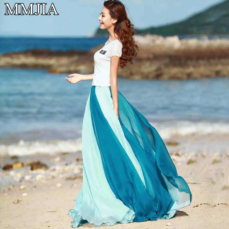 Женские длинные шифоновые юбки радужных цветов лоскутные плиссированные макси с