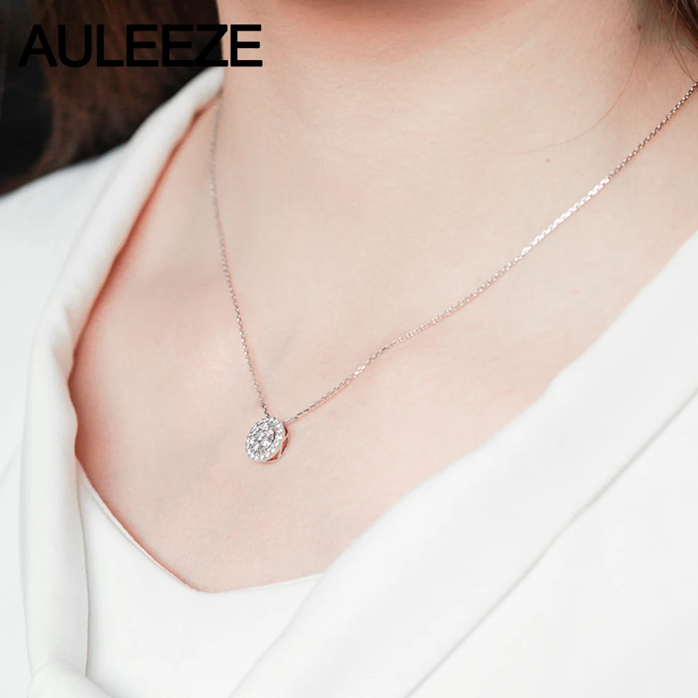 AULEEZE, 18 K, белое золото, настоящее бриллиантовое ожерелье, круг, сверкающая оправа, 0,47 CTTW, Бриллиантовая подвеска, Женская Цепочка-ключица