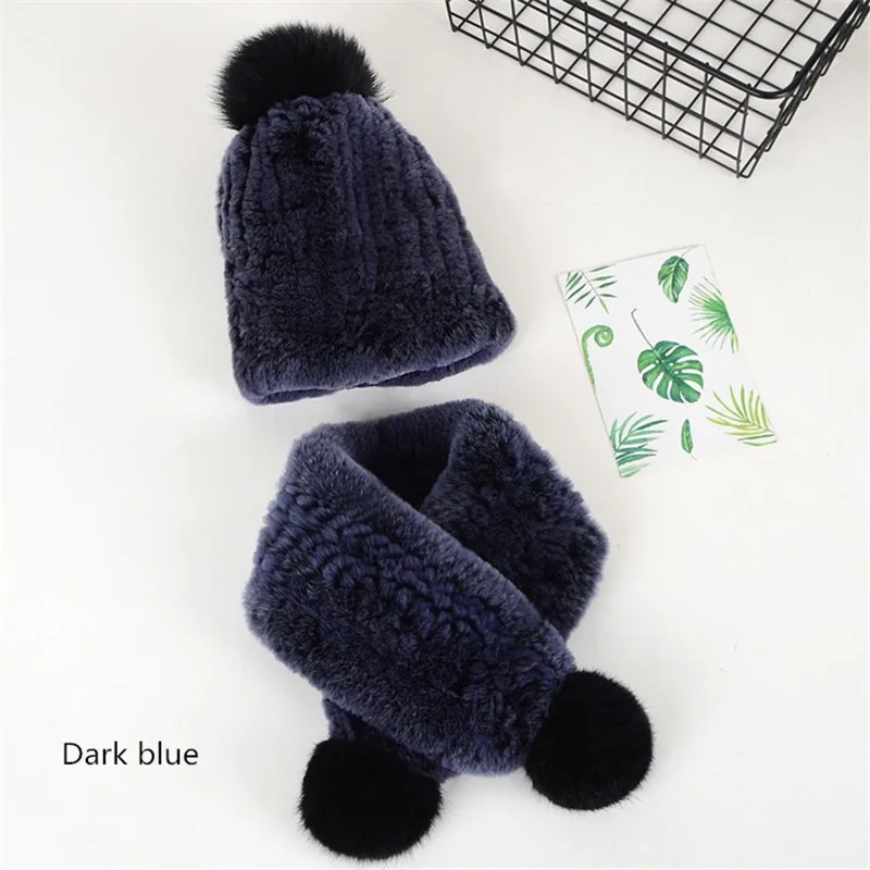 Dark blue Детская шапка из кроличьей шерсти; шарф; комплект из двух предметов; зимняя теплая одежда для детей 4-10 лет; Идеальная детская одежда унисекс - Цвет: Dark blue