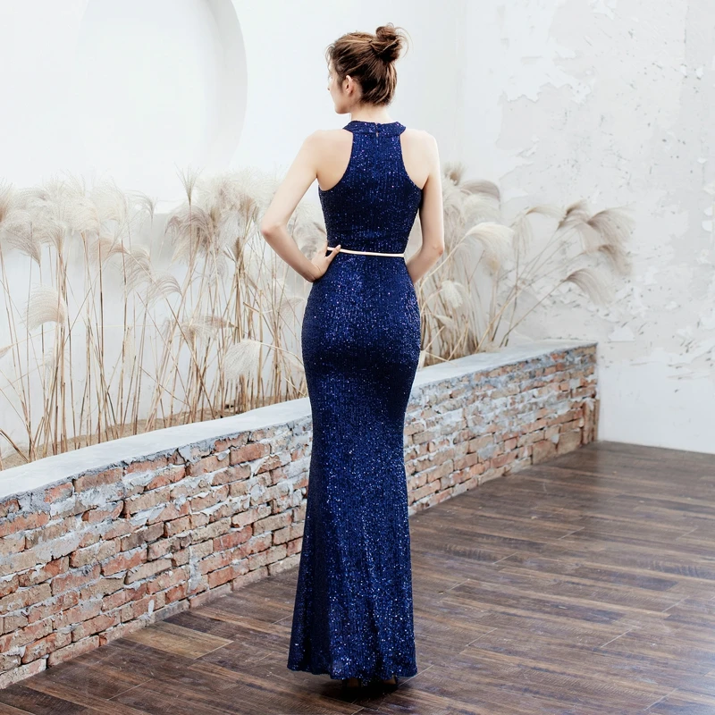 YIDINGZS New Halter Neck Elegant Long Sequins Prom Dress Hollow Out Evening Party Dress YD16229