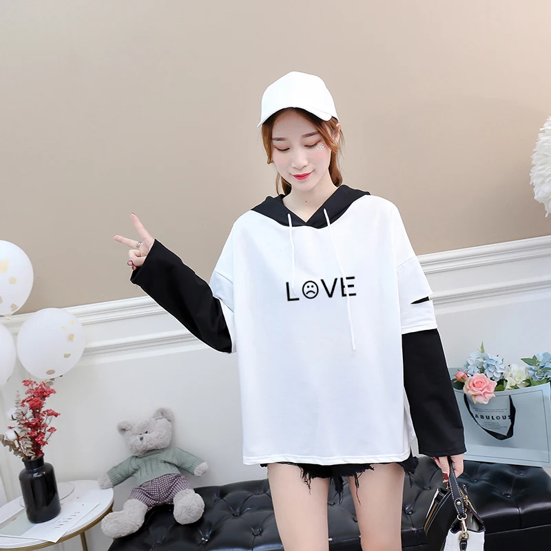 

Harajuku Fake Two Pieces Splicing T Shirts Women Casual Long Sleeve Kawaii LOVE Letter Print Tee Shirt Femme Korean Hooded Tops