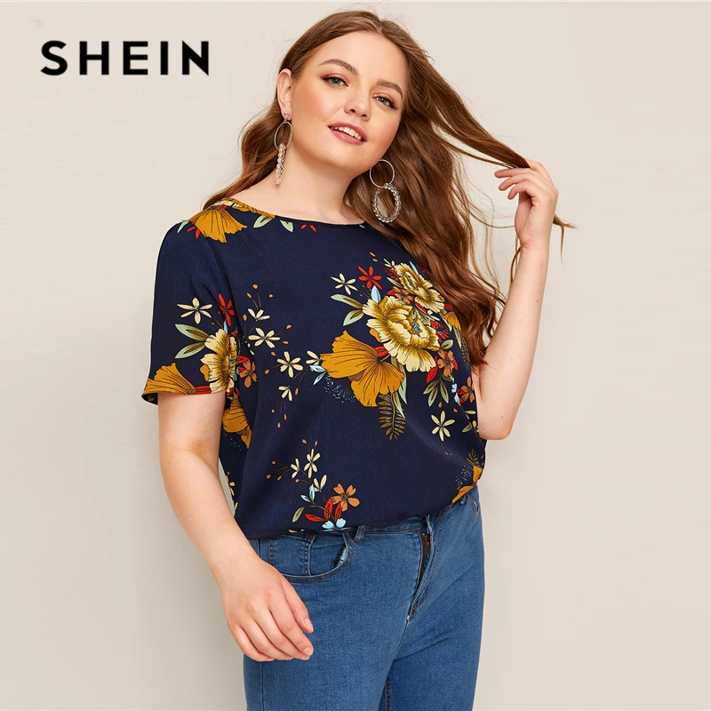 SHEIN, блузка размера плюс, темно-синяя, с растительным принтом,, женская, летняя, Цветочный, Круглый ворот, короткий рукав, обычная, плюс, блузки, рубашка