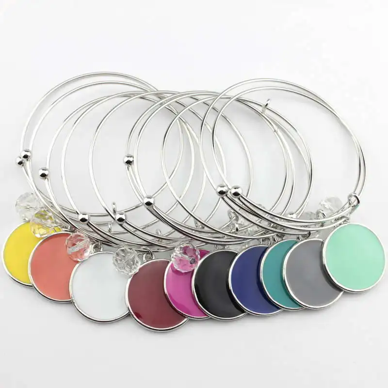 

Fashion Monogram Blanks Charm Enamel Flat Round Disc Bangle Bracelet Adjustable
