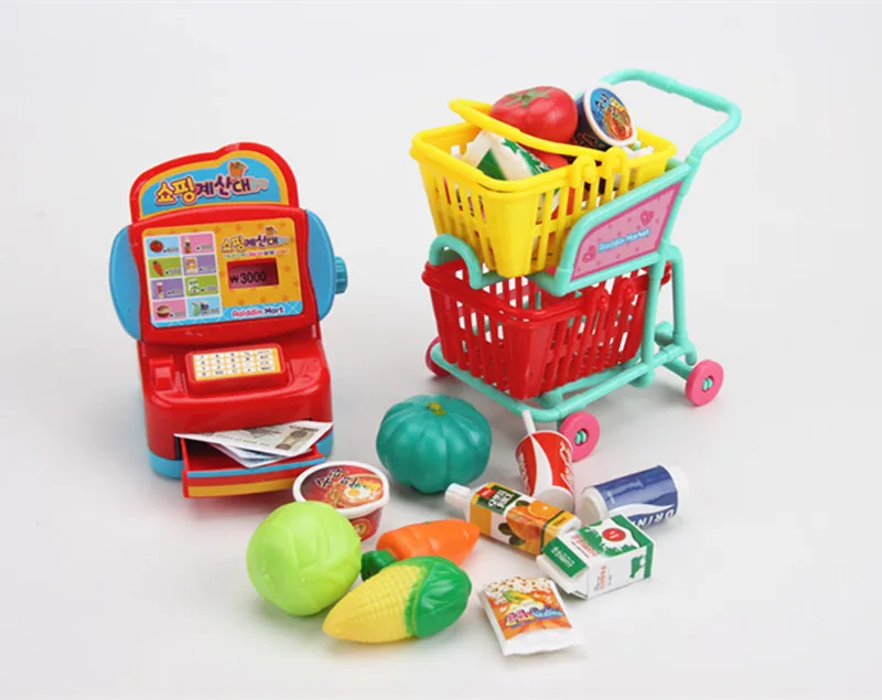 

Pretend Play Action Figure Toys Fresh Supermarket Vegetable Drink Food Model Shopping Cart with Groceries Toys Children gift
