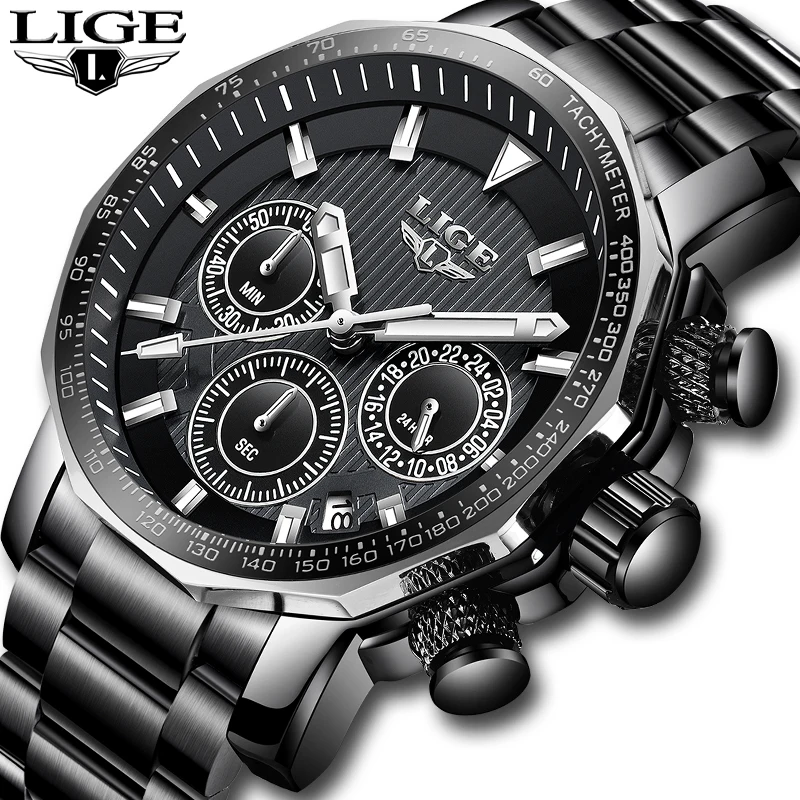 LIGE мужские часы из нержавеющей стали люксовый бренд бизнес большой циферблат