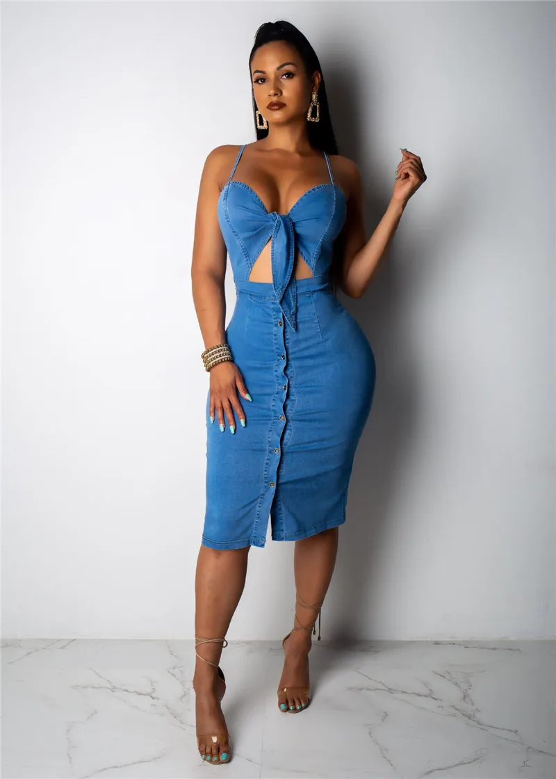Сексуальное джинсовое платье для женщин на тонких бретельках с открытой спиной и