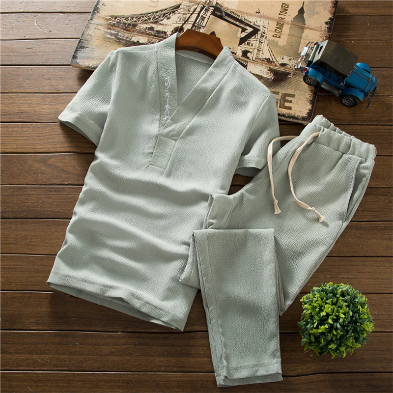 

Mens Short Sleeve tshirt and Drawstring Lace Pants 2019 Summer Pure Color Embroidered Men Two-Piece Set size S - 5XL