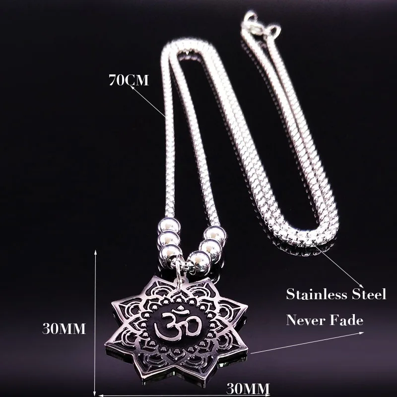 Lotus Stainless Steel OM Symbol Hindu Buddhist Necklace for Women Silver Color Bead Long Necklace Jewelry bisuteria N725S02 images - 6
