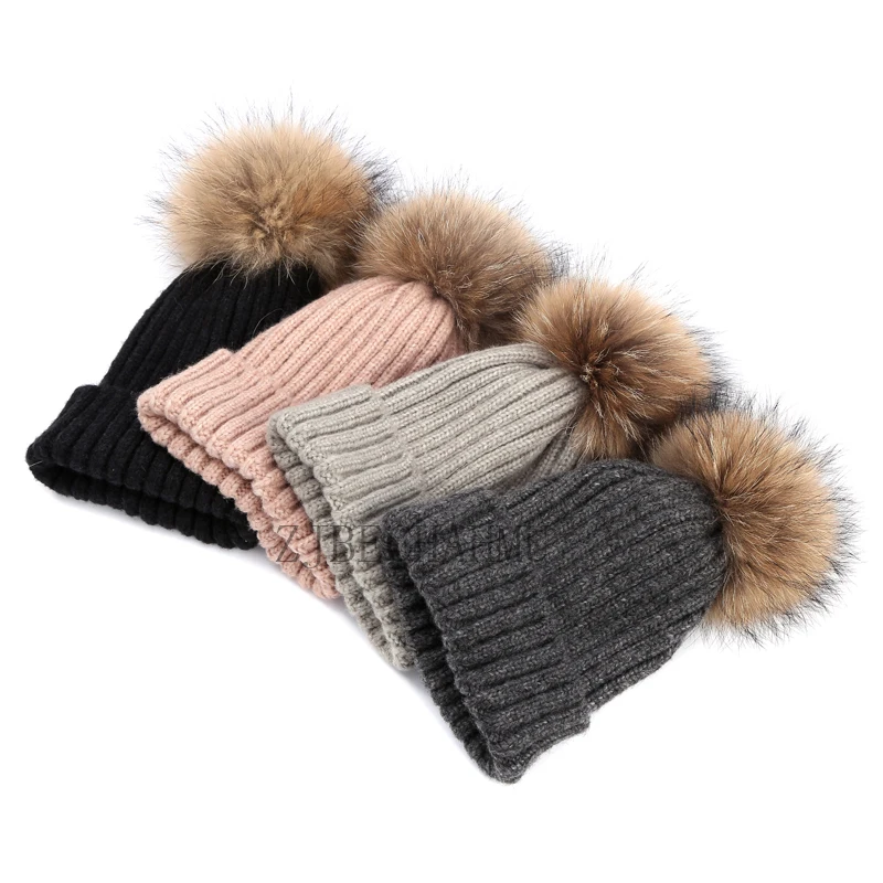 Модные новые помпоны из натурального Лисьего меха и норки, 15 см, Skullies Beanies, шапка для женщин и девушек, зимние шапки, одноцветные шерстяные теплые шапки Skullies Beanies, шапка