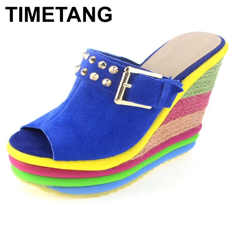

TIMETANG Sandalias Plataforma Summer Shoes Woman Bohemia Rainbow High Heel Slip On Peep Toe Platform Wedges Sandals Womens