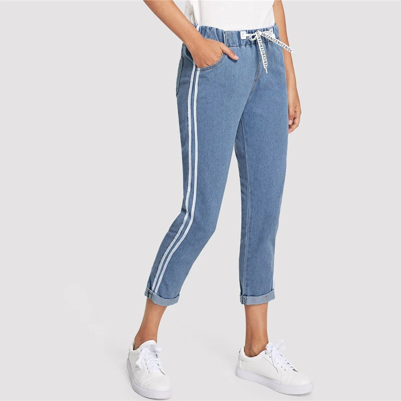 Dotfashion в синюю полоску с узлом сбоку спереди джинсы женщина осень Повседневное штаны с эластичной резинкой на талии укороченные джинсы для Для женщин джинсовые брюки