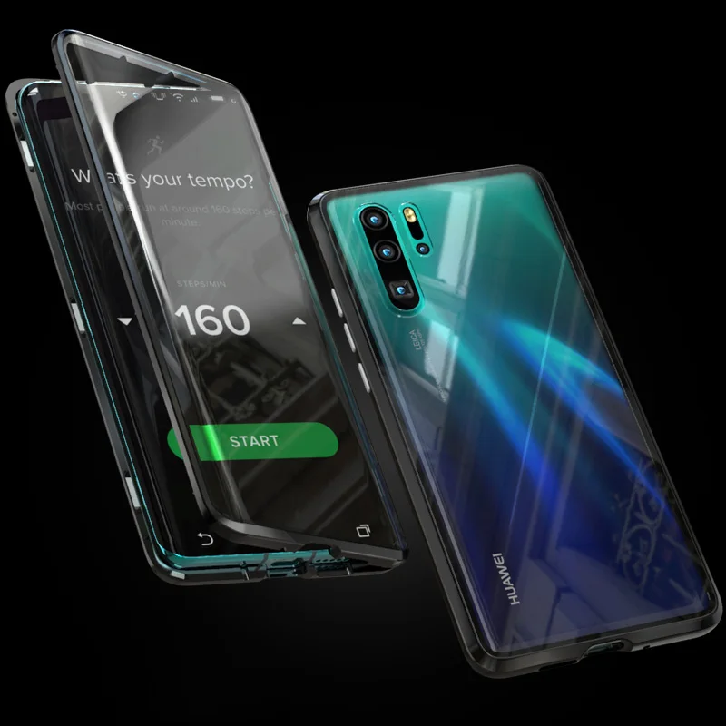 Гиперболоид, стеклянный чехол для huawei P30 Pro P20 mate, чехол, прозрачный, закаленное, полное тело, магнитный, алюминиевый, металлический чехол - Цвет: full black