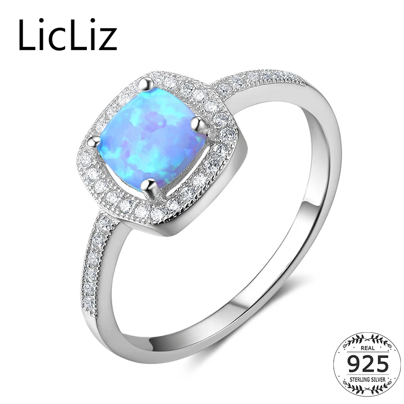 LicLiz 925 Sterling Silver Square Rings For Women Blue Opal Solitaire Rings Wedding Band Cubic Zirconia CZ Eternity Ring LR0357