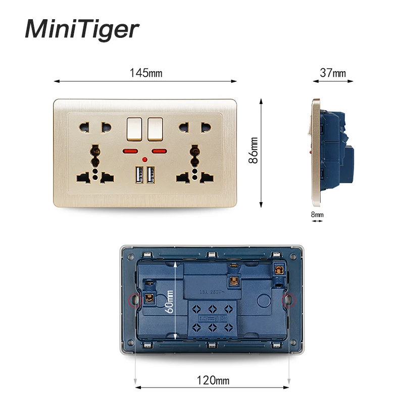 Розетка Minitiger Gold Wall двойная Универсальная с 5 отверстиями 2 1 А двойной usb порт для