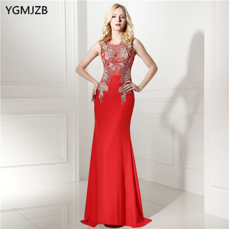 

Red Long Evening Dresses 2019 Gold Appliques Lace Beaded Illusion Back Mermaid Prom Dress Women Formal Evening Gowns Plus Size