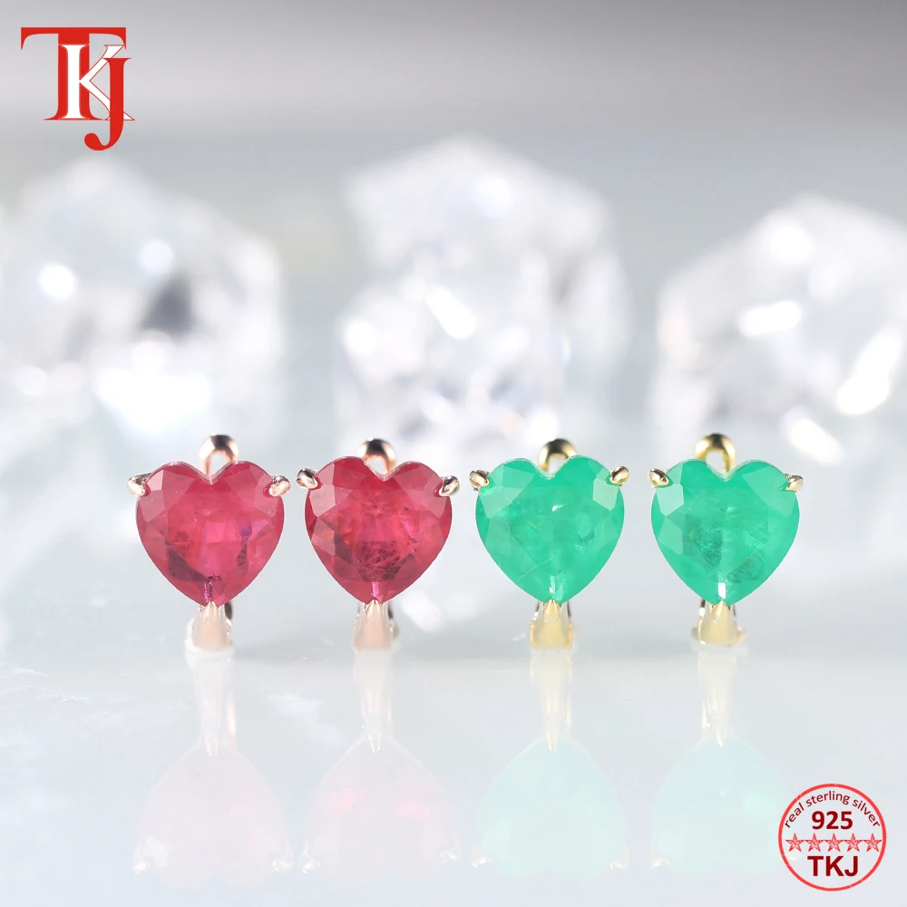 

TKJ 925 Sterling Silver Green Emerald Heart Stud Earrings for Women Red Ruby Gemstone Earrings Party Wedding Engagement Jewelry