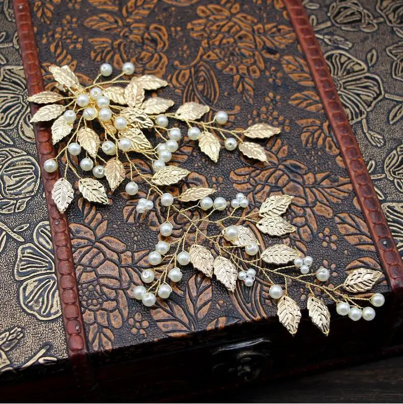 Ручной работы элегантные Gold Leaf Свадьба головы жемчужное платье свадебное