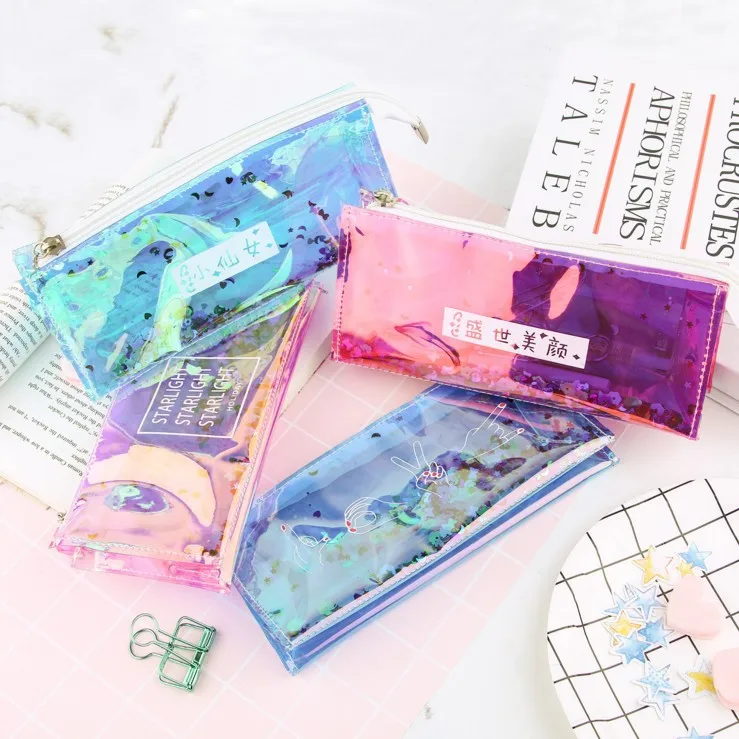 Cool laser pencil case school transparent sequins bag cosmetic Office School Supplies | Канцтовары для офиса и дома
