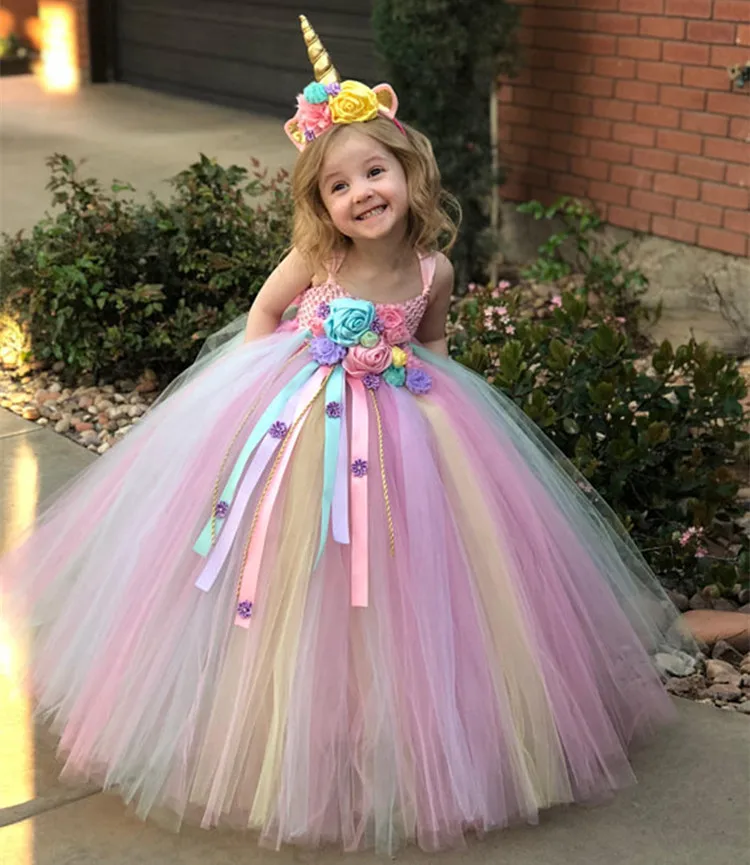 Girls Pastel Unicorn Flower Tutu Dress Kids Crochet Tulle Strap Dress Ball Gown with Daisy Ribbons Children Party Costume Dress