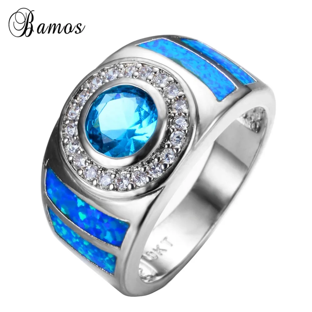 Bamos Vintage White Gold Filled Geometric Ring Luxury Blue Fire Opal Cocktail Crystal Jewelry Wedding Bands For Couples | Украшения и