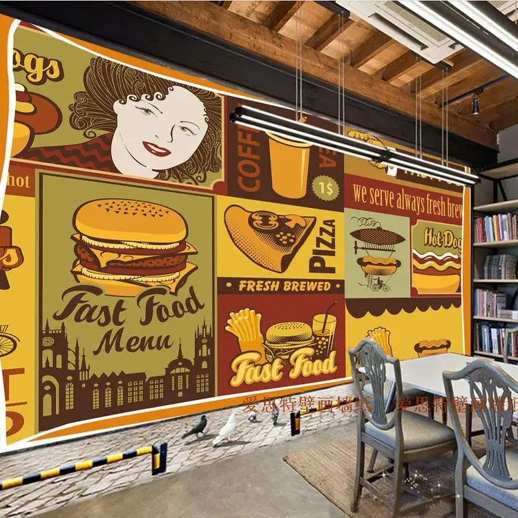 

Custom photo wallpaper Pizza 3D wallpaper cartoon burger French fries restaurant fast food shop dining room Cafe wallpaper mural