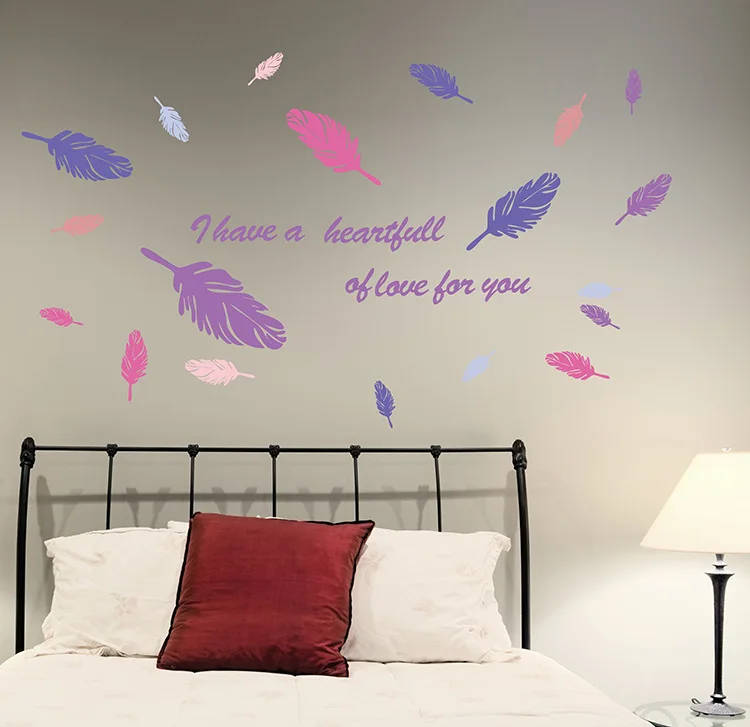 YY7210 Europe and America style colorful feather wall sticker individuality living room pvc can remove home decoration |