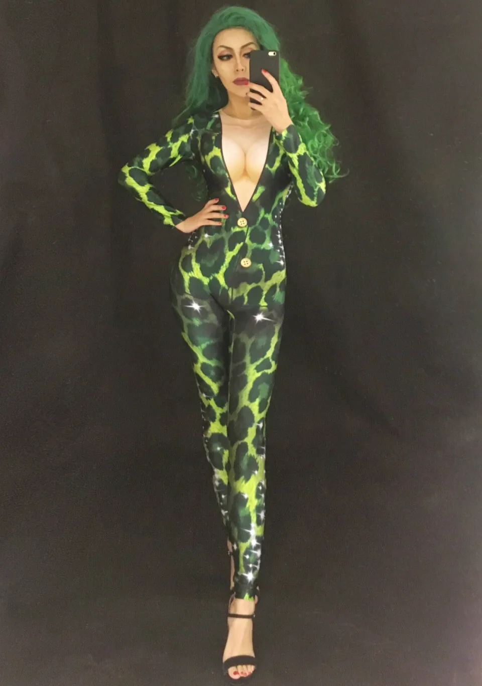 Женский сценический комбинезон с зеленым леопардовым принтом для ночного клуба