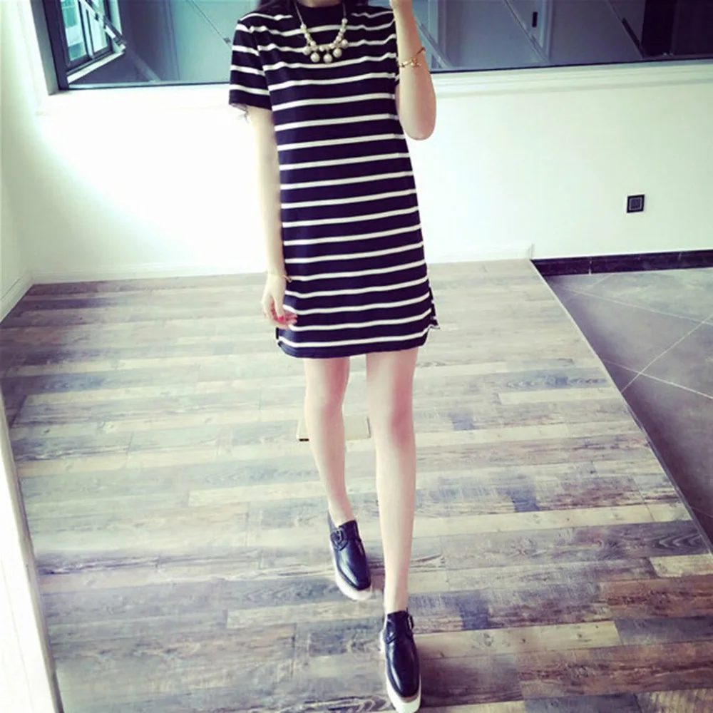 Женская длинная полосатая футболка с коротким рукавом Повседневная круглым