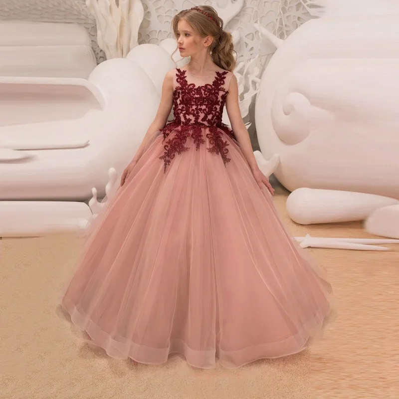 Платье с цветами для девочек на свадьбу длинное кружевное платье из тюля
