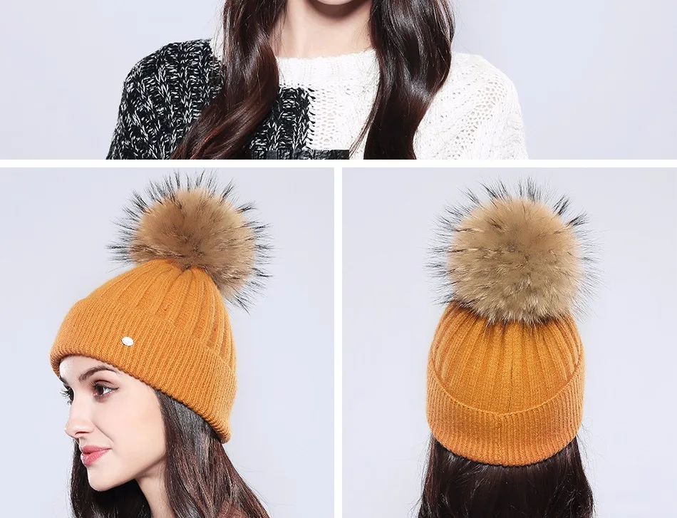 Женские зимние шапки однотонные осень зима настоящий помпон из меха енота Skullies Beanies хлопок шерсть теплая вязаная шапка# MZ750