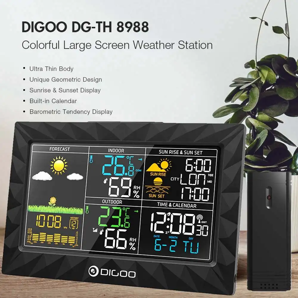 DIGOO DG-TH8988 ЖК-дисплей цветной Метеостанция+ открытый Дистанционный датчик термометр Влажность Повтор часы рассвет закат календарь