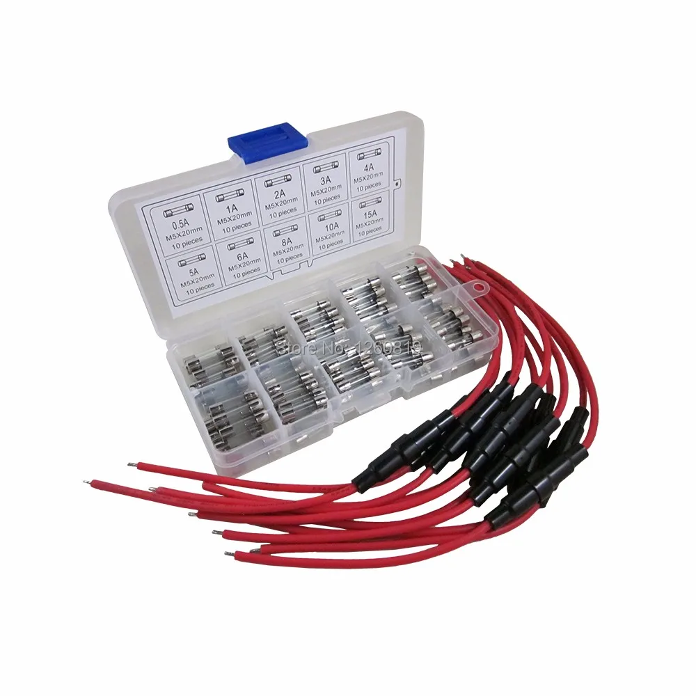100pcs Box Glass Fuse 5x20mm Quick Fast Assorted 0.5A 1A 2A 3A 4A 5A 6A 8A 10A 15A + 16 AWG Wire Holder | Обустройство дома