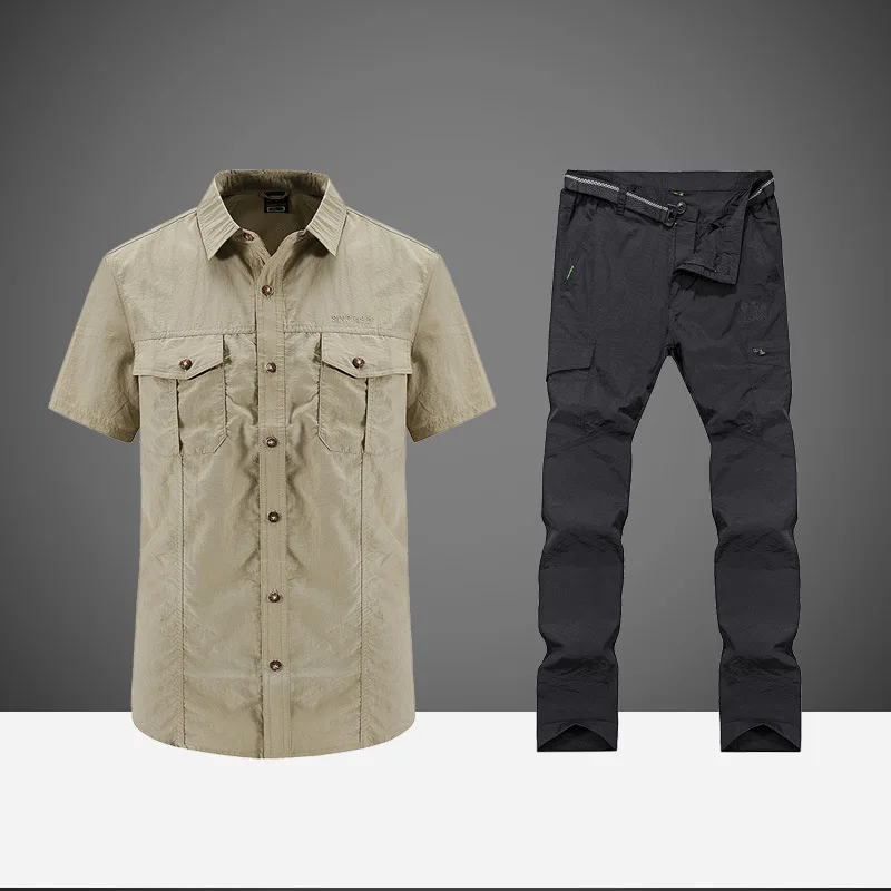 khaki and gray Uniforme Militar, Мужская тактическая ткань, быстросохнущая Военная рубашка, дышащая рубашка с коротким рукавом и штаны, мужские военные рубашки, наборы - Цвет: khaki and gray