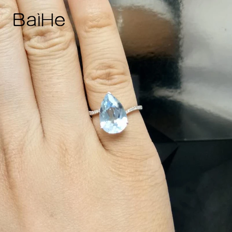 BAIHE Solid 14K белое золото 3.13CT груша безупречный настоящий голубой топаз подарок на