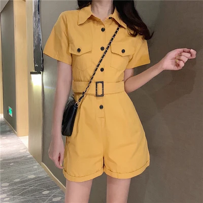 yellow Хлопковые розовые комбинезоны для женщин, модные однобортные комбинезоны с коротким рукавом, Женские Элегантные корейские широкие комбинезоны - Цвет: yellow