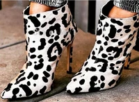 2017 spring new arrival white leopard pattern high heel ankle boots horse hair pointed toe back zipper punk boots for woman