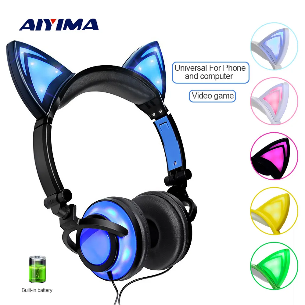 AIYIMA складные мигающие детские наушники с кошачьими ушками игровая гарнитура со