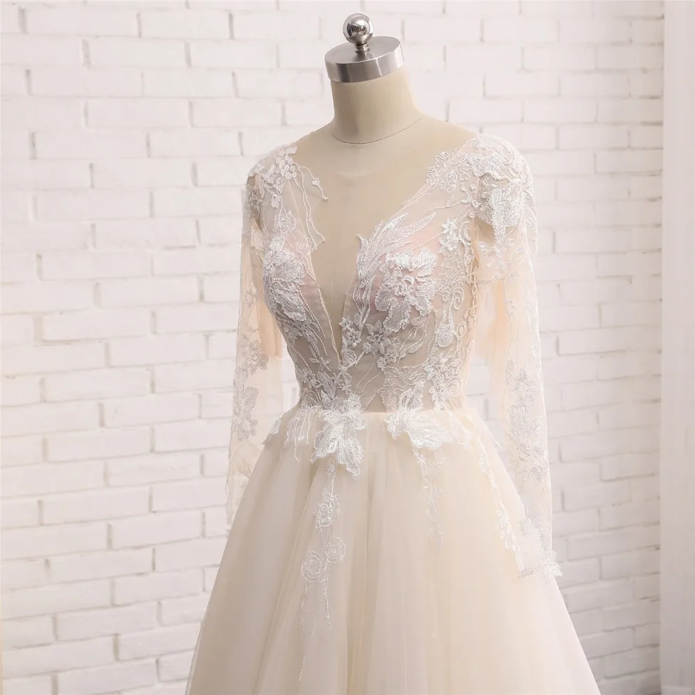 

New Style Long Wedding Dress 2018 Long Sleeves Backless Appliques Beaded Tulle A-Line Wedding Gowns Vestido de noiva