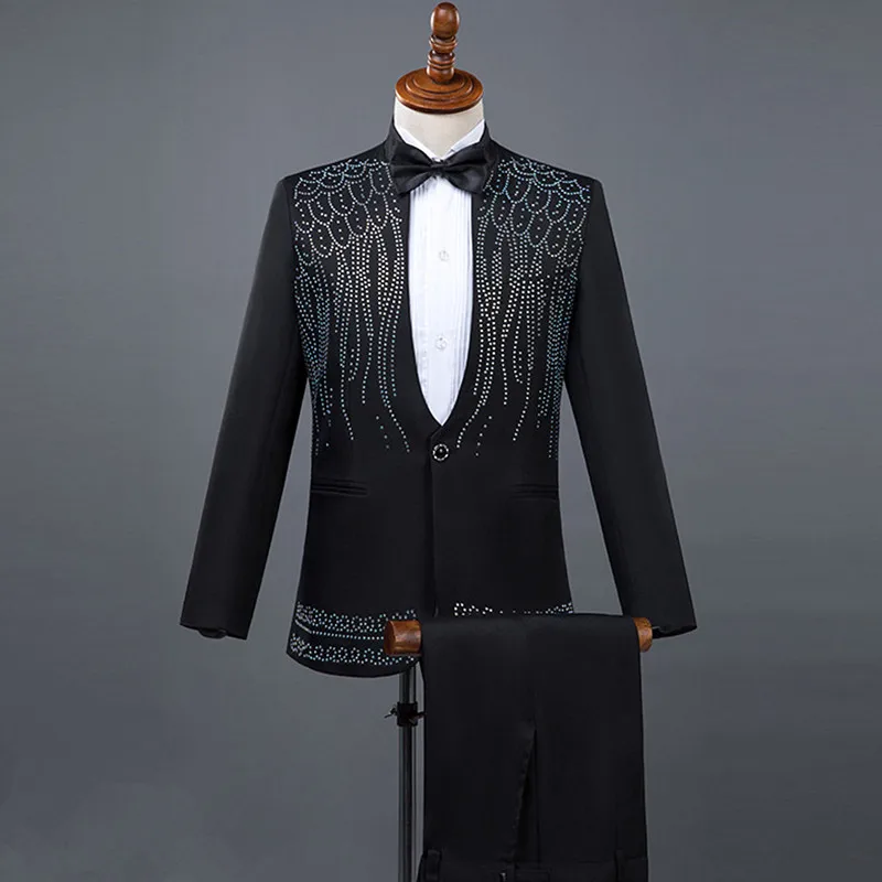 Black White Crystals Blazer Men's Suits Formal Clothing Chorus Performance Stage Outfit Presenter Master Singer Men's Costume