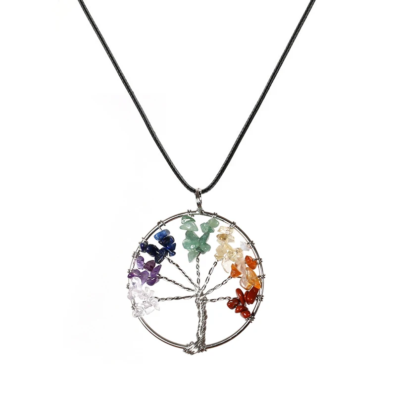 

Trendy New Rainbow 7 Chakra Tree Of Life Quartz Pendant Necklaces Women Natural Stone Wisdom Tree Choker Necklace Jewelry Gift