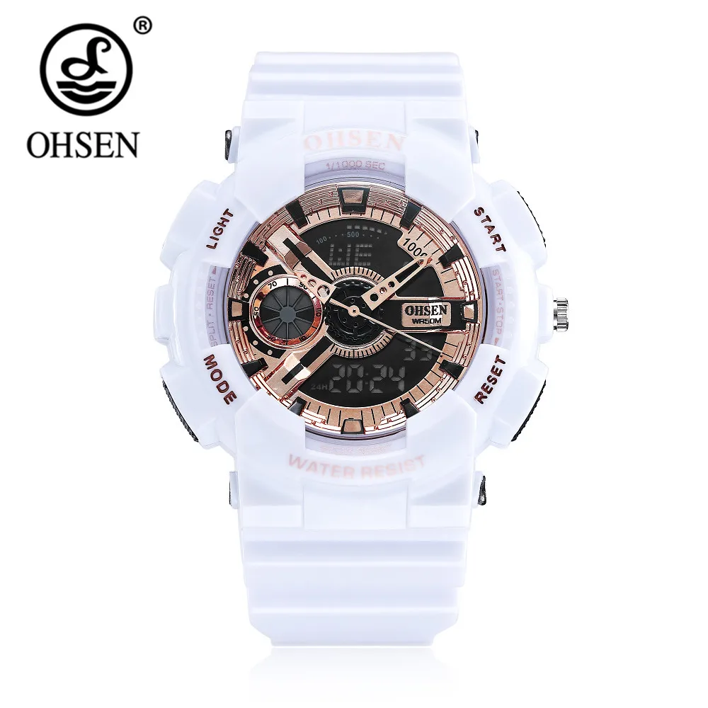 Топ продаж OHSEN новые модные цифровые спортивные часы мужские кварцевые наручные часы с резиновым ремешком белый 50 м водонепроницаемый светодиодный часы Relogios