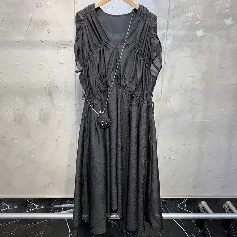 black TWOTWINSTYLE, летнее пляжное платье для женщин, v-образный вырез, без рукавов, высокая талия, бандаж, с рюшами, миди платья, женская мода, новинка - Цвет: black