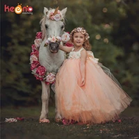 handmade fairy peach flower girls wedding tutu dress princess kids ball gown dress for girls pageant party clothes tulle dress